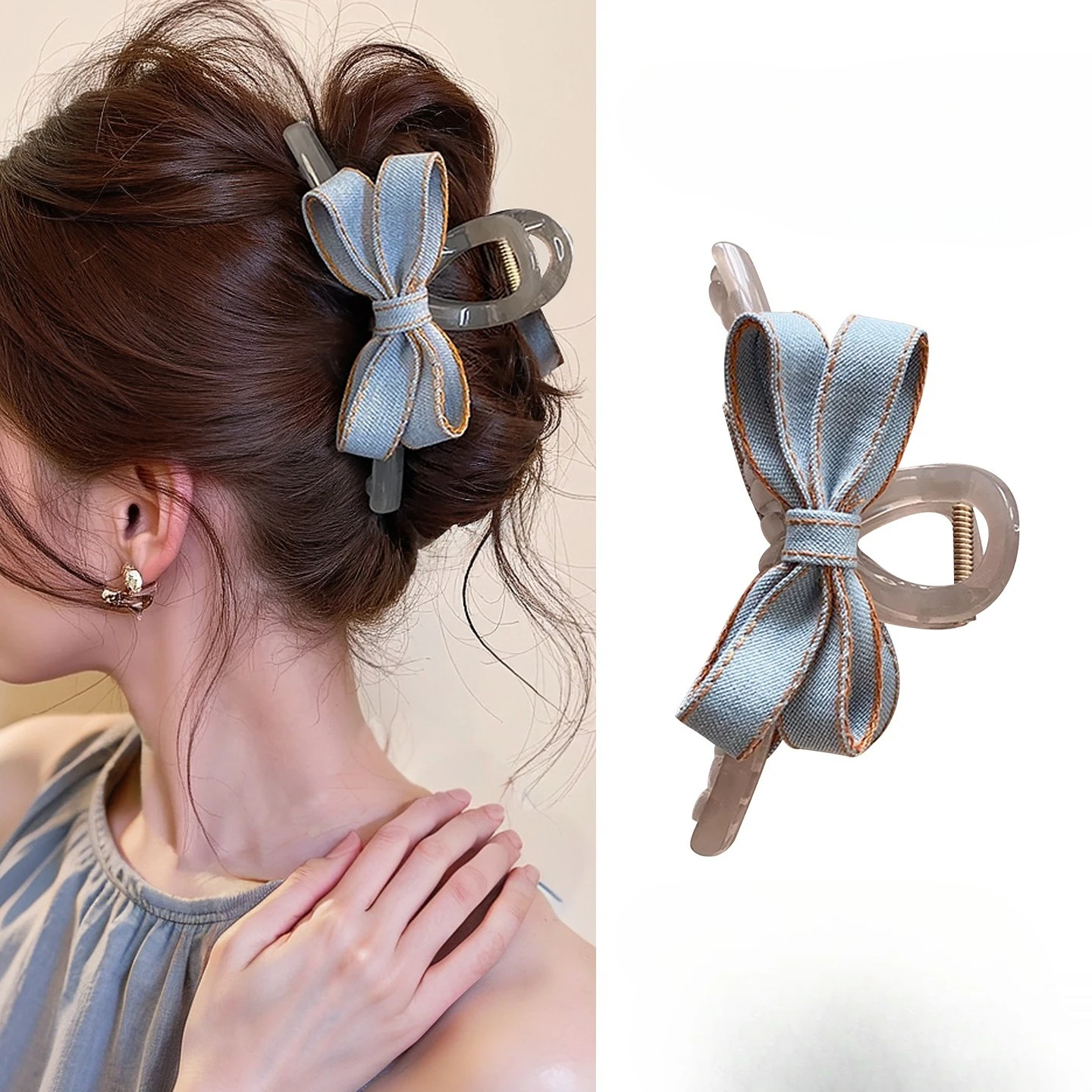 

Blue Denim Bow Hair Claw Women Girls Sweet Transparent Shark Clip Fashion Versatile Casual Hair Clip Clamp Accessories Gifts NEW