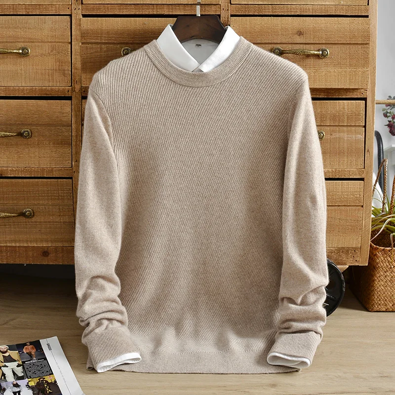 

Men's cashmere sweater pure cashmere sweater winter thickened warm round neck knitted youth fashion solid color striped jacquard
