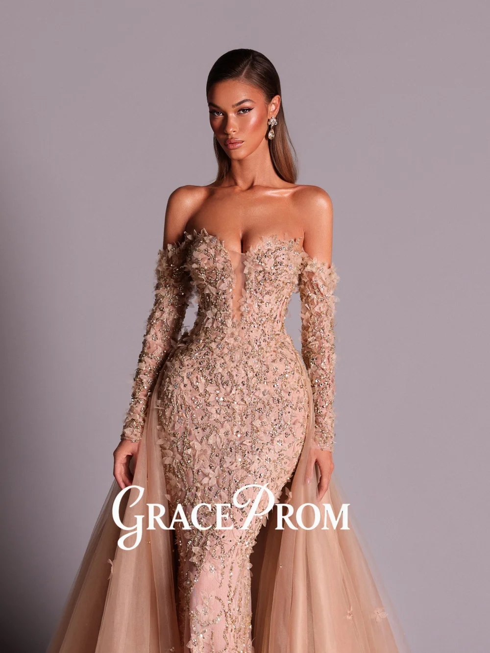 

Роскошное телесное розовое вечернее платье с открытыми плечами и кристаллами из бисера, женское платье русалки с цветочной аппликацией и тюлевым шлейфом, элегантное торжественное платье