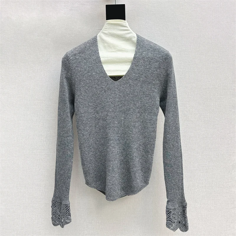 

Женский свитер, новый эластичный вязаный топ с длинными рукавами на осень 2022, пуловер с крючками и цветами, смесь шерсти y2k, трикотаж