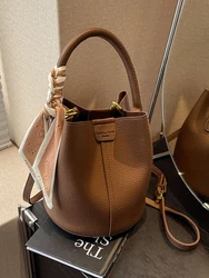 Retro Litchi Pattern Women's Bucket Bag Silk Scarf Crossbody Shoulder Bag Handbag Fashionable Versatile Stylish New 2026