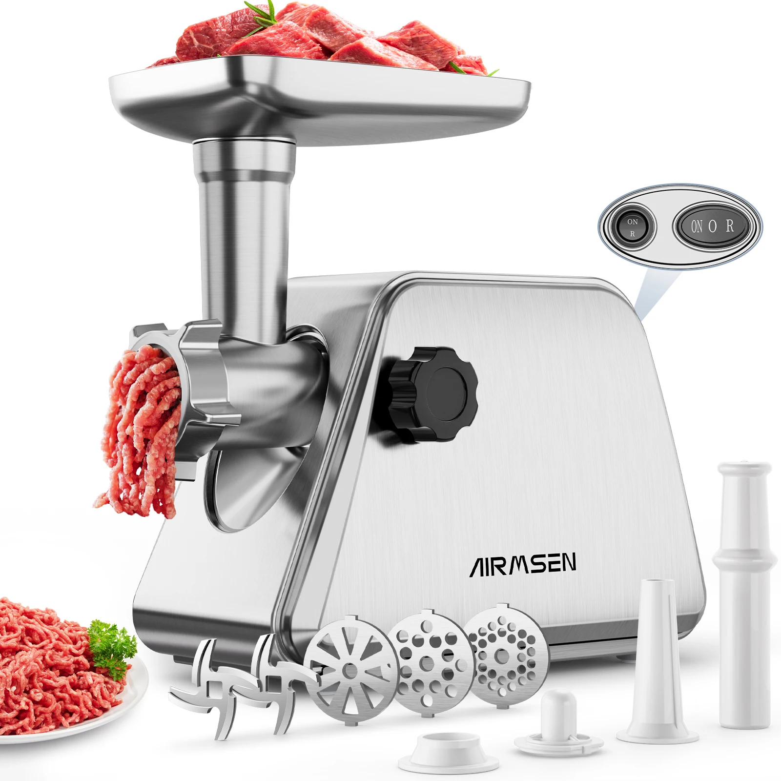 AIRMSEN Stainless Steel Meat Grinder, Electric 3 in 1 Meat Mincer with 2 Blades & 3 Plates, Sausage & Kubbe Maker Kit, Fixed Loc