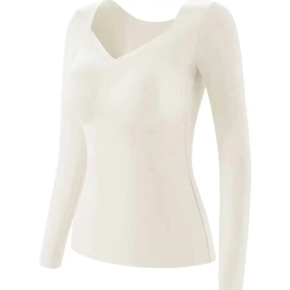 V-Neck Long-Sleeve Top With Built-In Bra Shaping, Women's Base Layer, Slim-Fit Warm Seamless Support Stretch Shirt