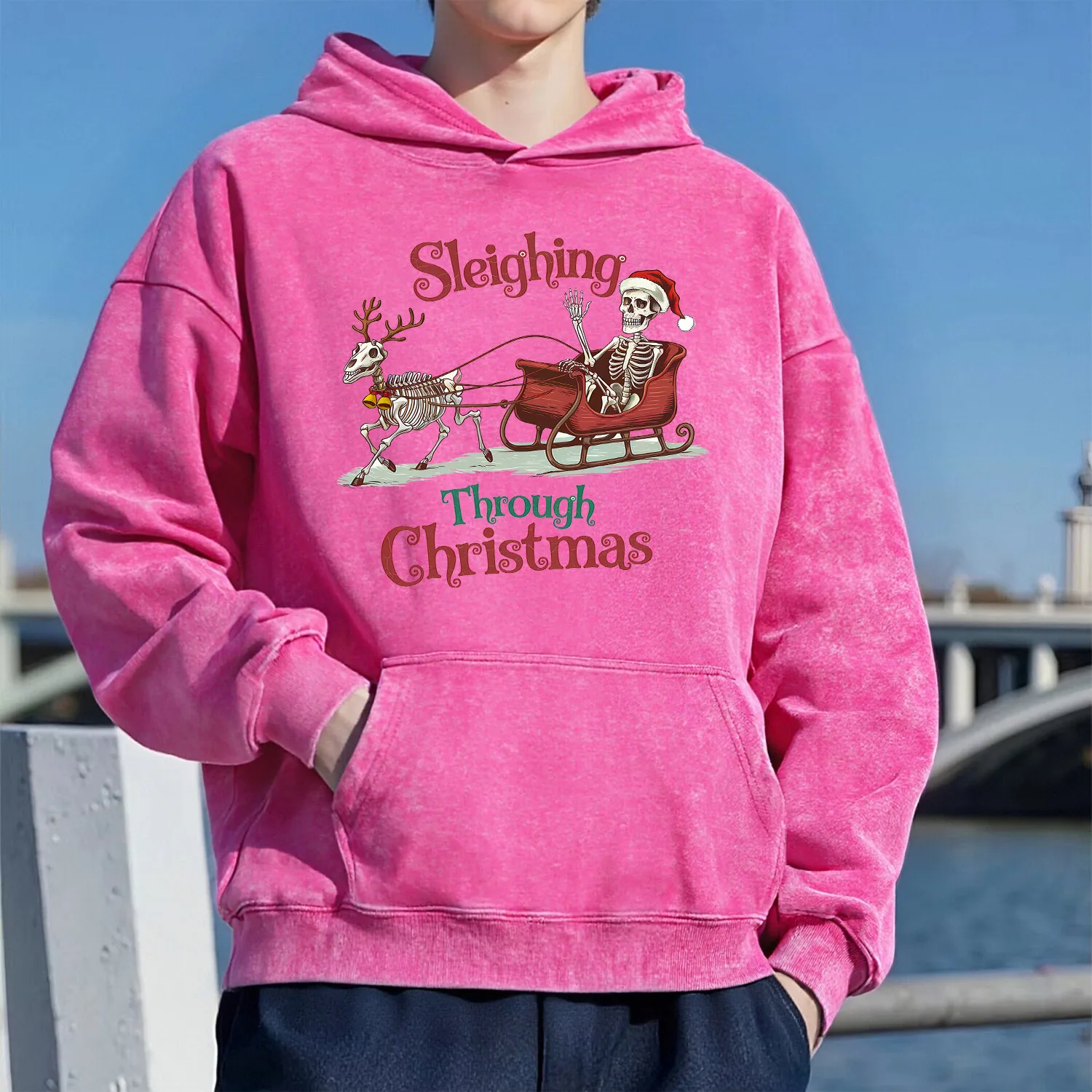 Skull Rack Retro Washed Pattern Hooded Sweatshirt Unisex Casual Sporty Style Made Of Pure Cotton Street Style 400G