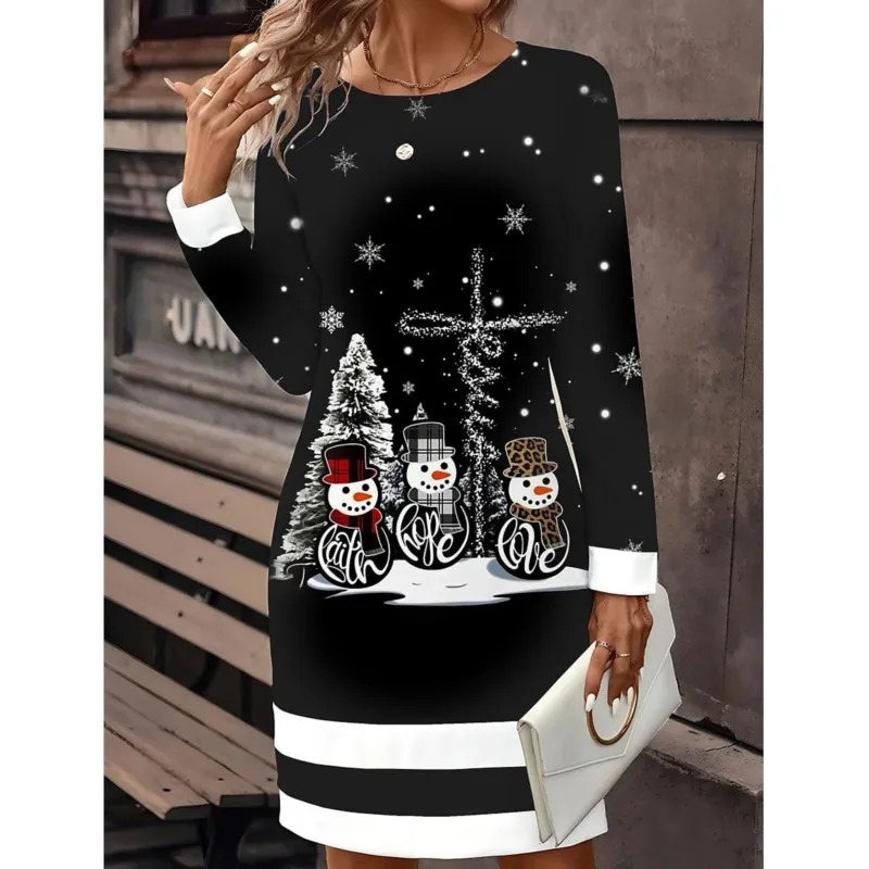 Novo 2025 feminino vestido de festa de natal bonito engraçado x-mas boneco de neve floco de neve 3d impresso vestido de inverno manga longa o-pescoço vestido casual