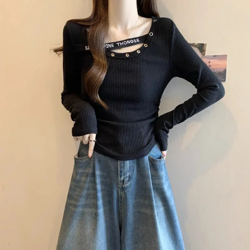 

Fashion T-shirt Letter Decorative Long-sleeved Base Spring Autumn Slim Design Fashionable Top for Women