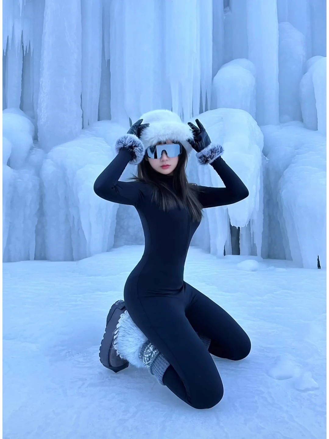 

Fce Lined Slim Fit Snowy Photo High Waist f High Collar Women's Winter Design Illusory Slimming Long Pants
