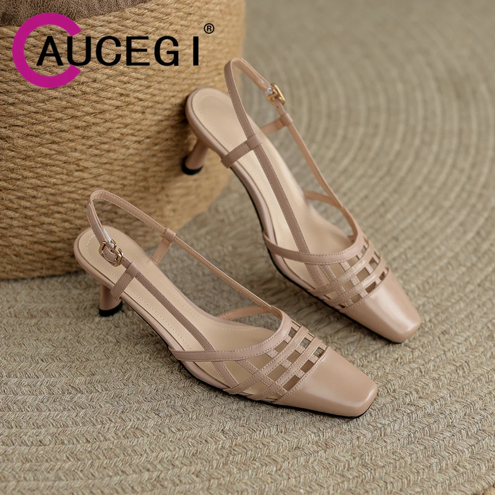 Aucegi Elegant Women Square Toe Sandals Hot Sell Fashion Hollow Out Buckle Back Strap Genuine Leather Middle Heels Dress Shoes