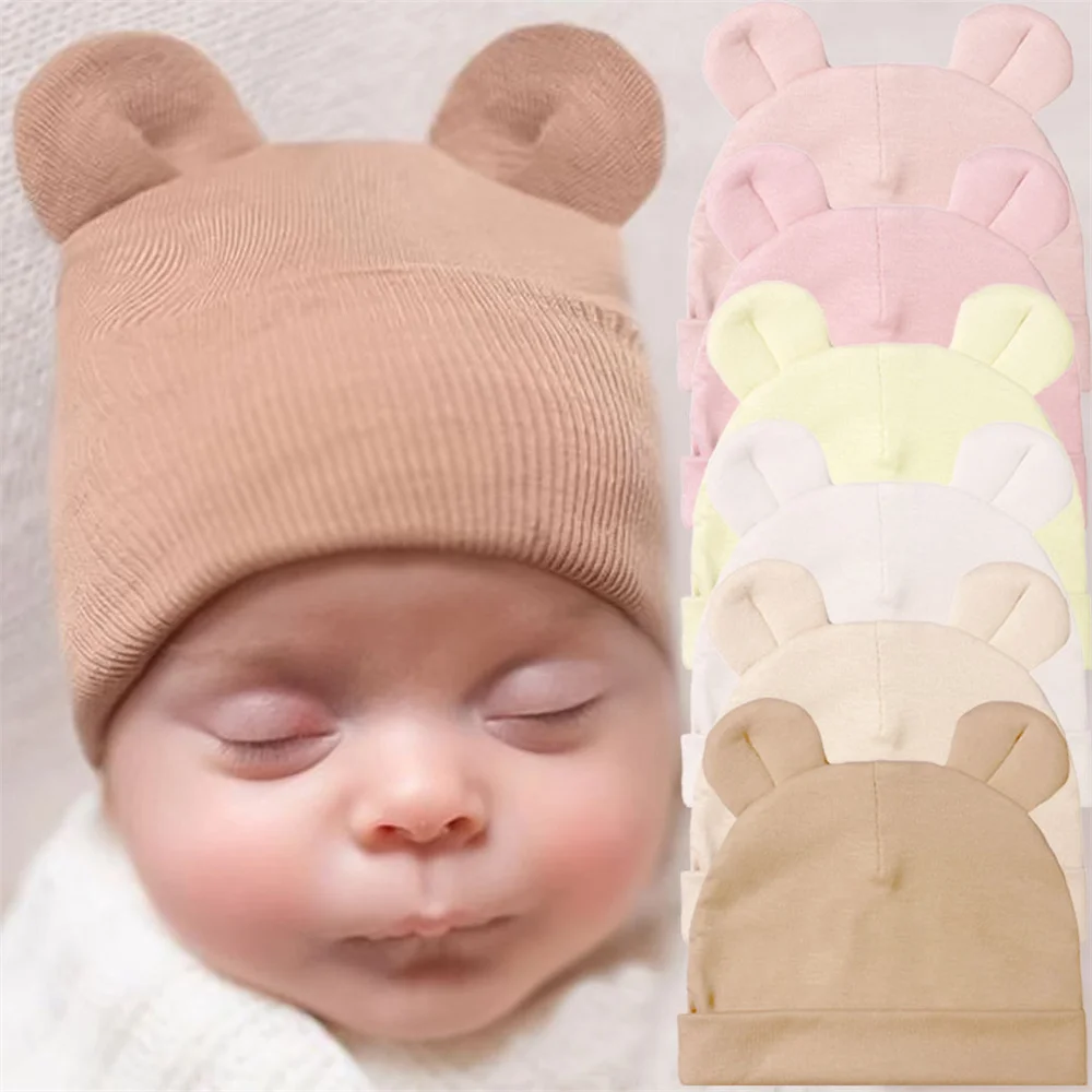 Cute Bear Ear Baby Turban Hats for Newboorn Boys Girls Faux Cashmere Label Caps Beanies Autumn Winter Infant Bonnets