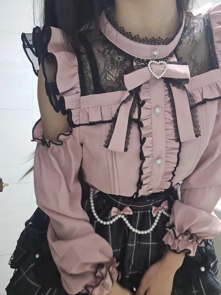 일본 레이스 스탠드 칼라 오프숄더 긴팔 하트 버튼 셔츠 하이웨이스트 비즈 체인 플래드 스커트 투피스 세트 여성