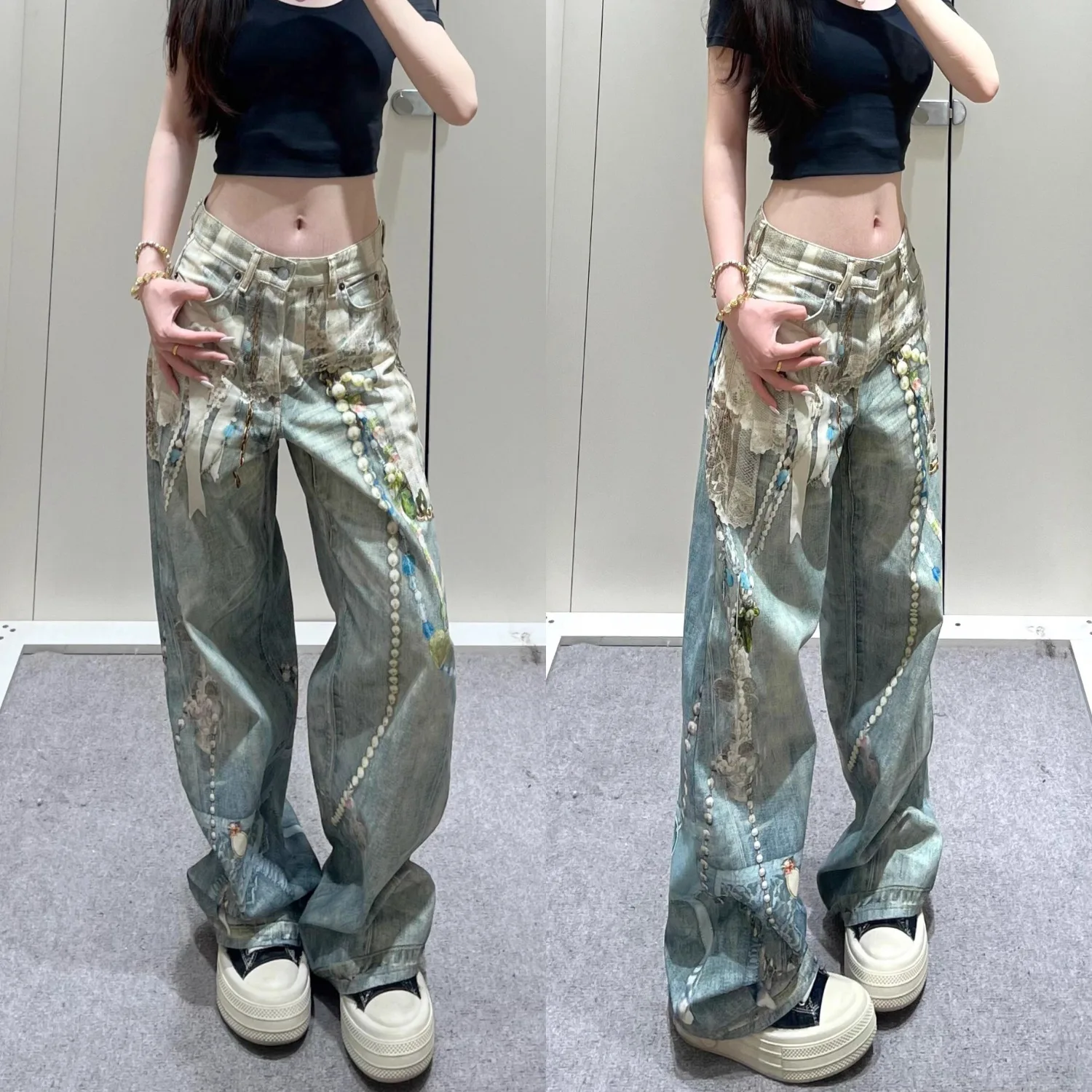 

Джинсы Y2k Мешковатые модные новые продукты Кружева с 3D принтом и жемчужной цепочкой Прямые женские брюки Джинсы с высокой талией Брюки для женщин