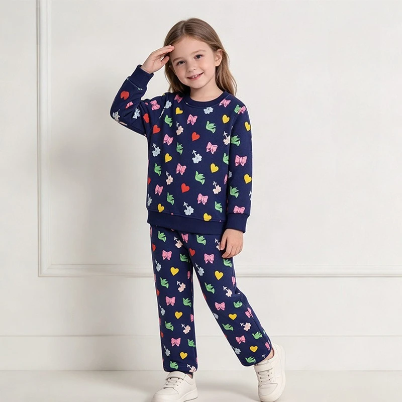 2-7T Toddler Girls 2Pcs Clothes Set 100% Cotton All Over Print Bow Heart Flower Sweatshirt Straight Pants Kids Casual Tracksuit