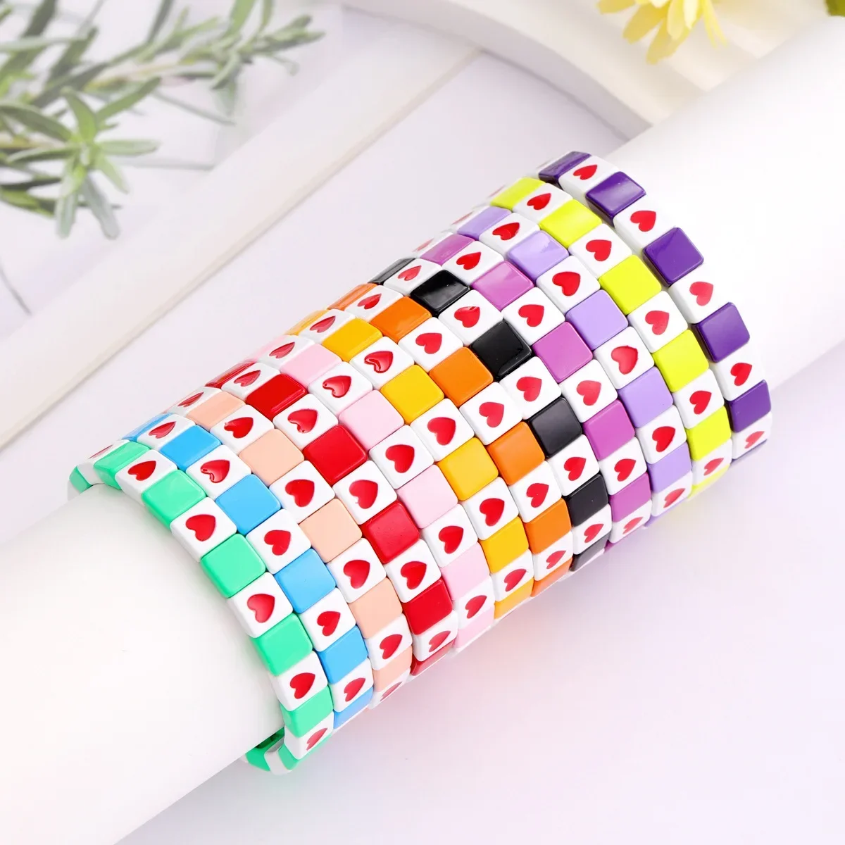 Bohemian Style 2024 New Drop Oil Love Square Beaded Enamel Bracelet Fashion Casual Valentine\'s Day Bracelet Wholesale