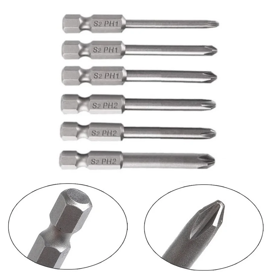 

6Pcs Magnetic Screwdriver Bit PH1 PH2 Phillips / Cross Head Screwdriver Drill Bit 1/4'' Shank 50mm S2 Alloy Steel