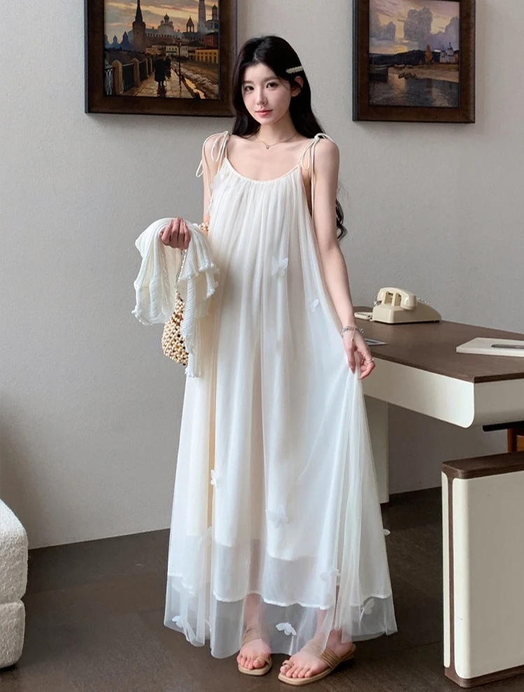 maternity-suit-summer-beach-vacation-butterfly-decor-spaghetti-strap-dress-and-white-cardigan-for-pregnant-women-2026