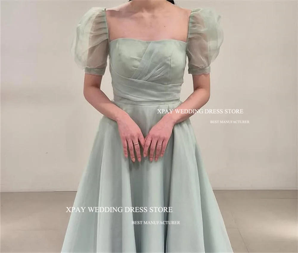 XPAY Mintgroen Pofmouwen Avondjurken Plooi Korea Bruiloft Fotoshoot Zijde Organza Vloerlengte Prom Jassen Aangepast