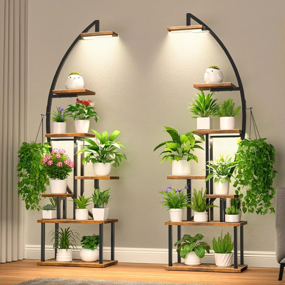 Grand support pour plantes d'intérieur avec lumière de croissance, support en métal à 7 niveaux pour plantes multiples, grand support présentoir, en forme de demi-lune T1