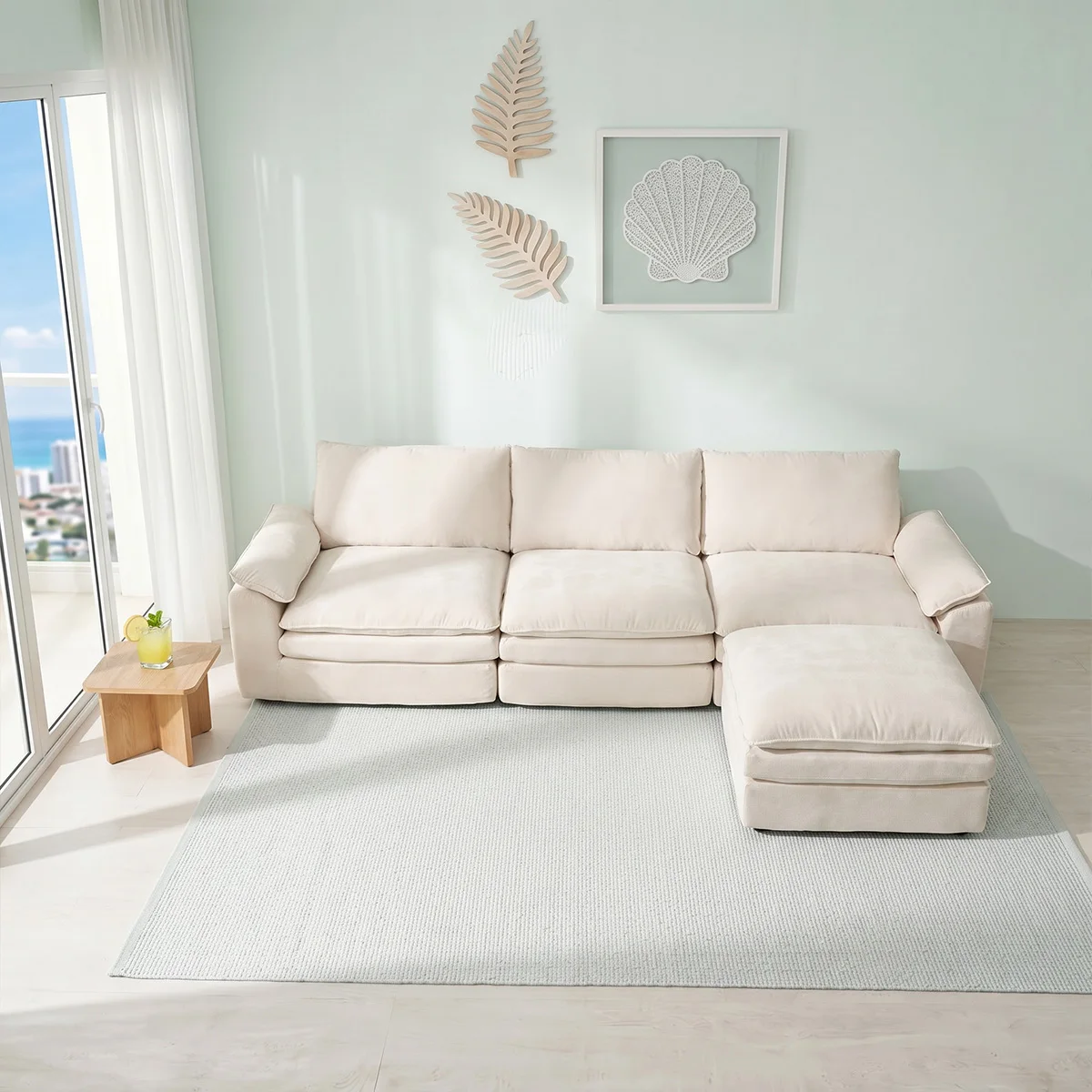 Summer Fresh Cream Style Modular Block Sofa, No Assembly Required, Deep Seat Cloud Sofa for Family Theater Room, Breathable Skin-friendly Fabric Chaise Lounge, Detachable Washable Lazy Cloud Couch for Large Living Room, Multi-functional Furniture for Apar