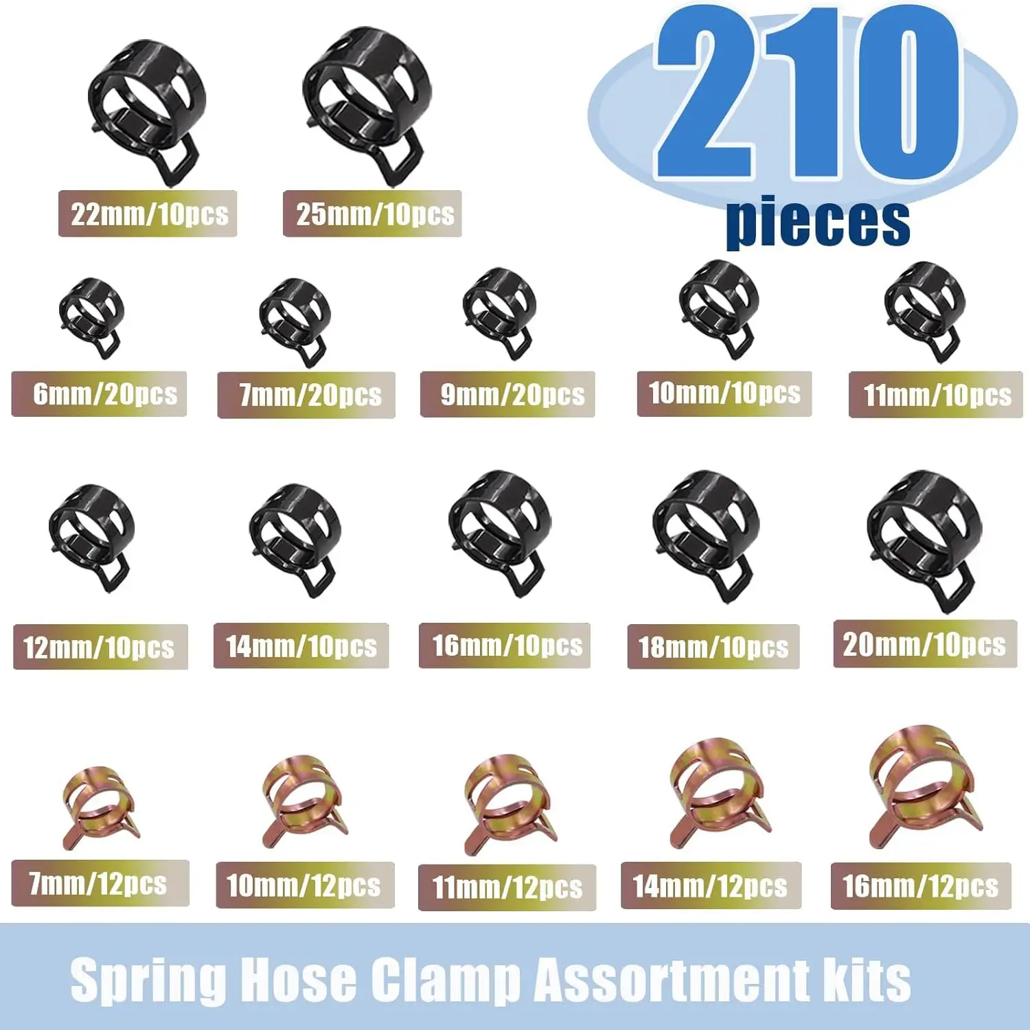 80/132/210Pcs Black Dacromet Japanese Style Hose Clamps, Spring Band Pipe Clips Assortment Box