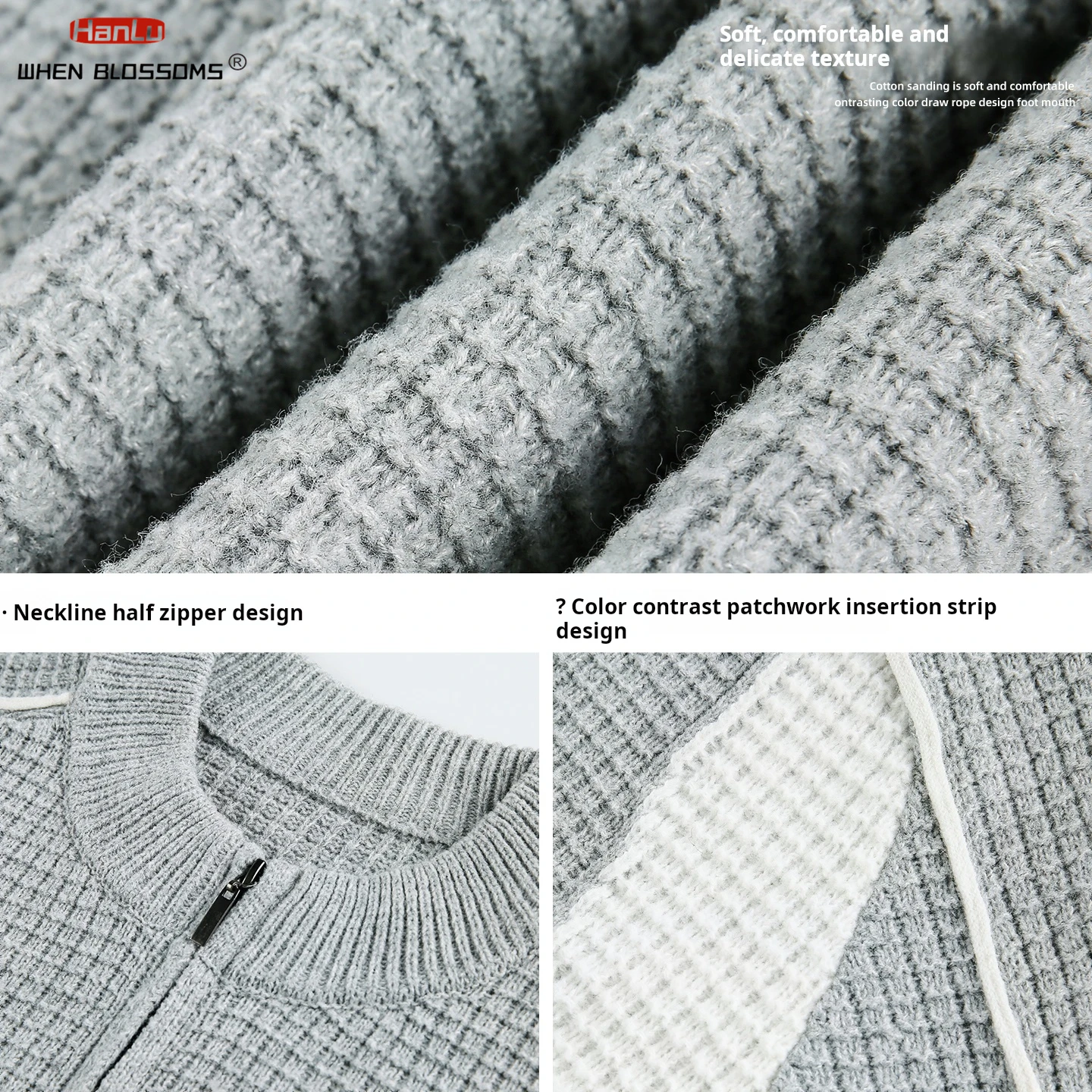 Hanlu 2025 Unisex Color Block Pullover Half Zip Mid-Collar Sweater Couple Grid Texture Warm Knitwear Winter Coat