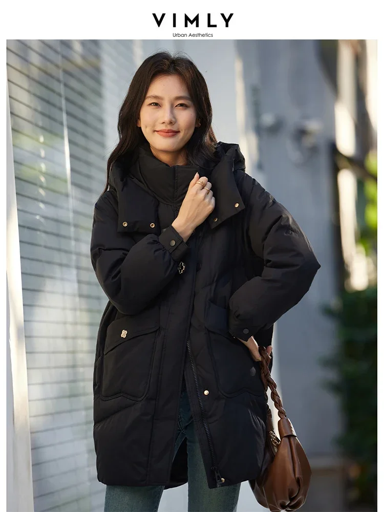 VIMLY Hot Long Down Jacket Women\'s Office Lady Hooded Standing Neck Coat Winter Loose Casual Jacket Thick Windbrake Down Coat