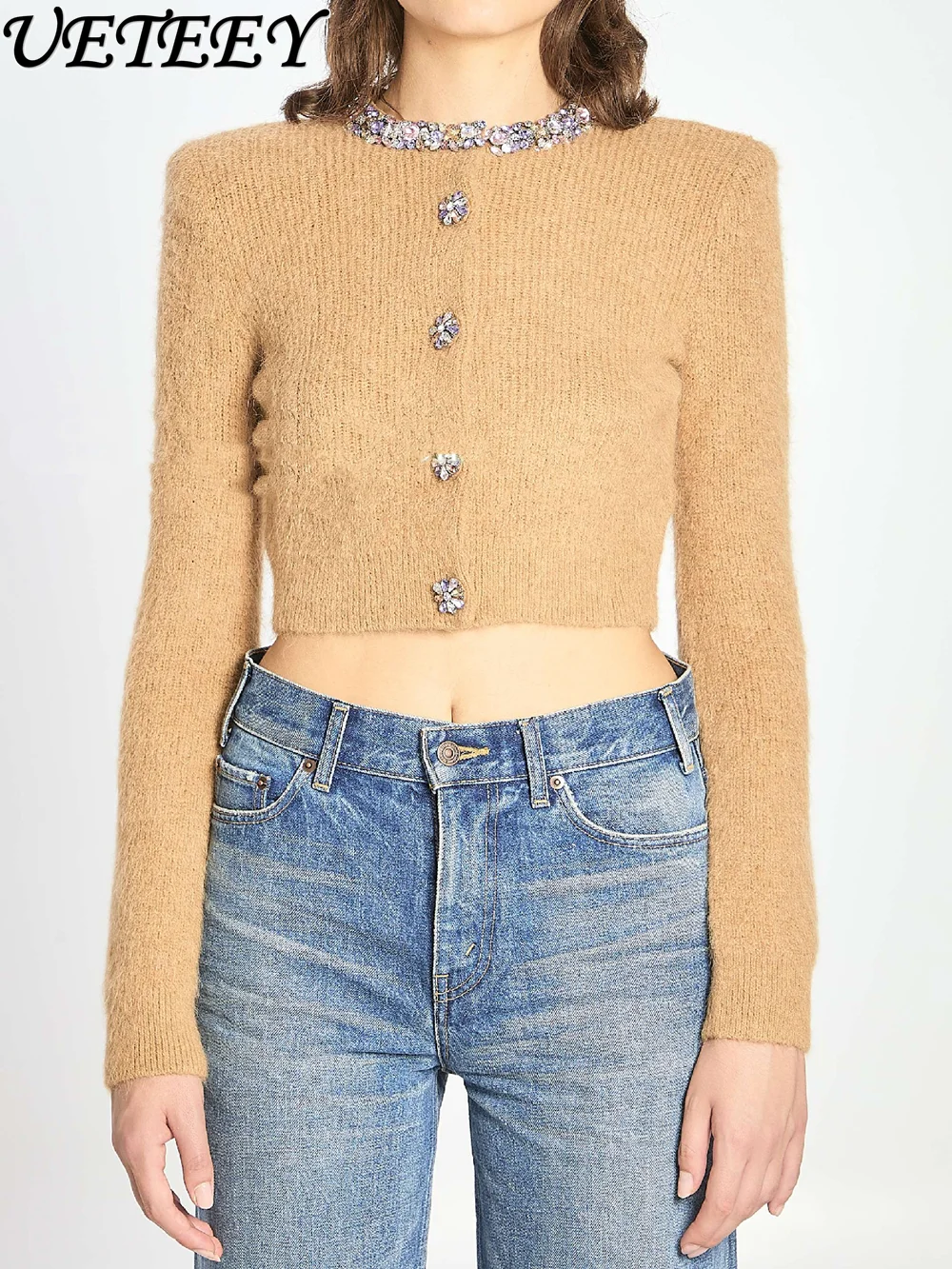 High-End French Style Niche Sweet Cardigan Coat for Women Simple Heavy Craft Colorful Diamond Long Sleeve Knitted Jacket