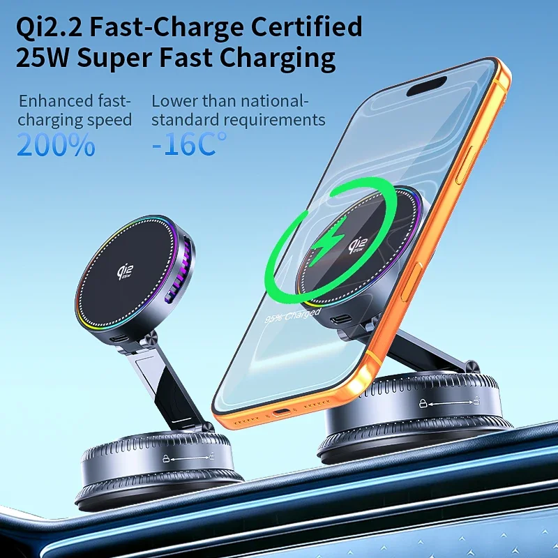 QI2.2 25W Wireless Charger 360 Degree Rotatable Vacum Car Holder Magnetic Car Mount Vacuum Phone Holder for iPhone 17 Pro Max