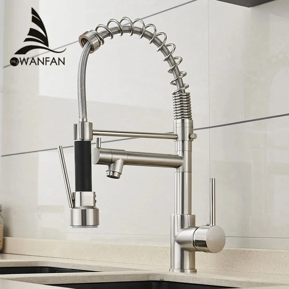Fashion Spring Style Brushed Nickel Kitchen Faucet Hot and Cold Pull out Rotatable Swivel Water Outlet Mixer Tap 866021