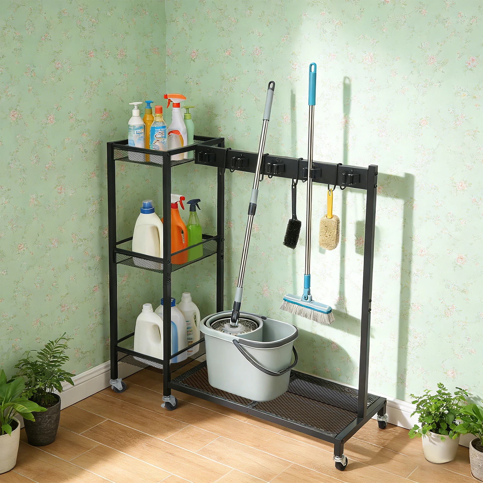Black Iron Baking Paint Cleaning Tool Storage Rack with 6 Wheels, 10 Mop Holders 4 Double-sided Hooks 3 Mesh Storage Shelves