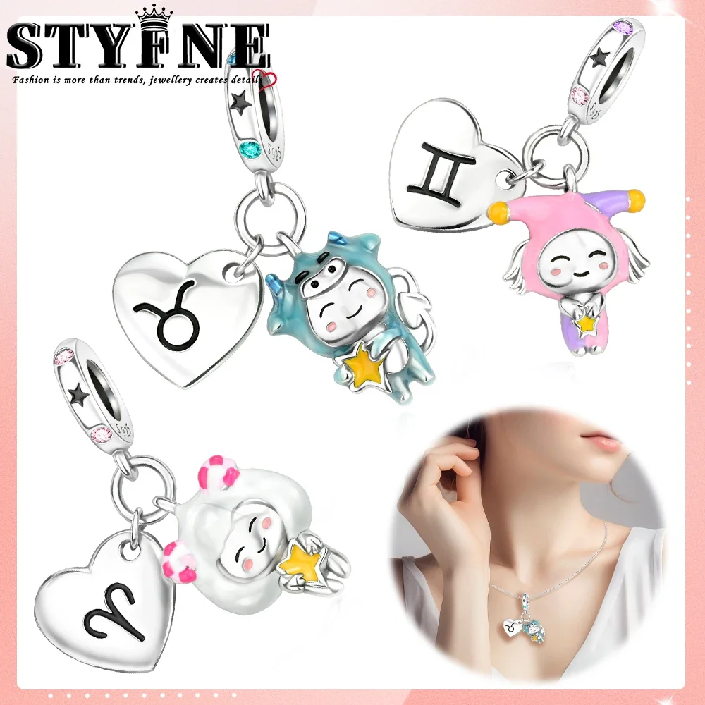 Luminous Twelve Constellation Birthdays Anniversaries Gift Charms 925 Silver Aquarius Fit Original Bracelets Beads DIY Jewelry