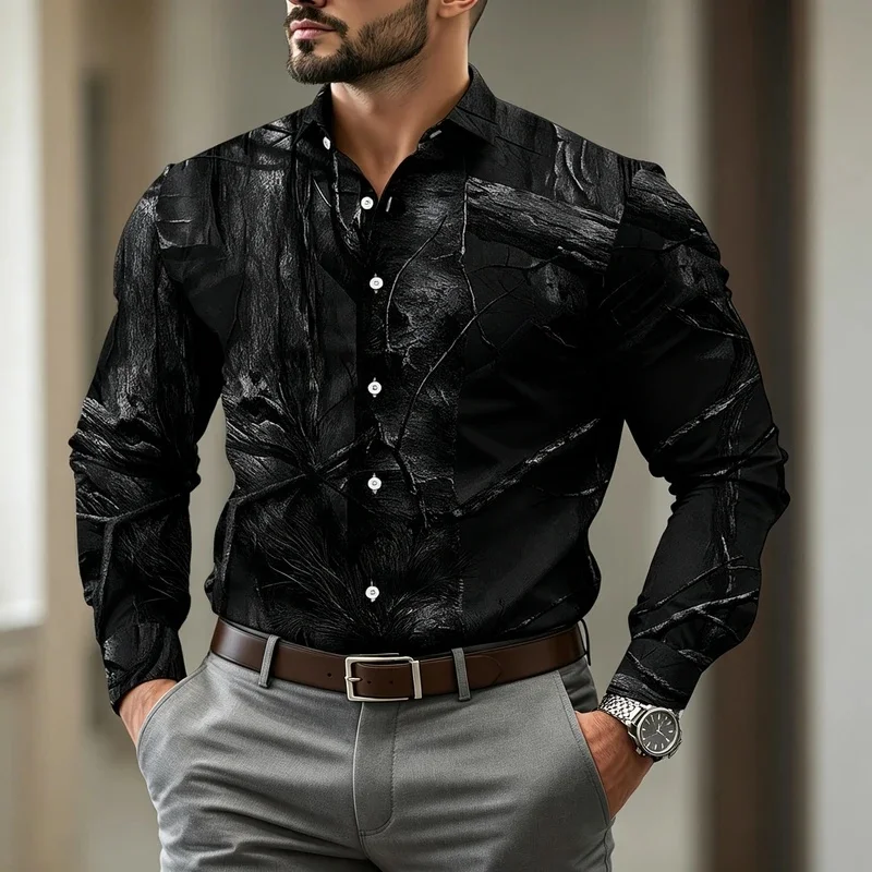 Niche Men's Black and White Long-Sleeved Shirt with a Weathered Wood Texture and Forest Print, Slimming Collared Shirt