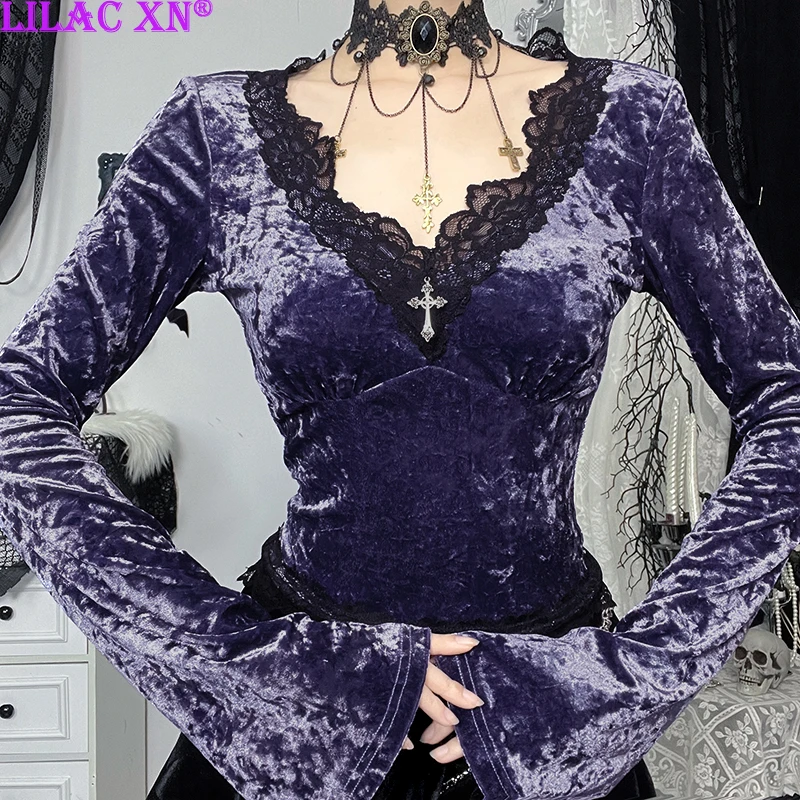 Goth Purple Velvet Lace Trim Flared Long Sleeve T-Shirts Y2K Vintage Sexy V-neck Corset Crop Tops Women Autume Slim Tees Fashion