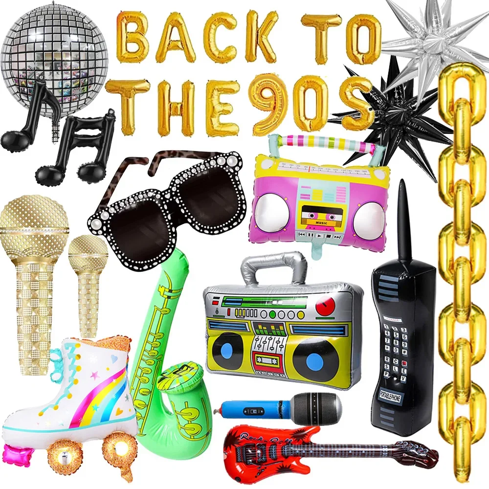 

16inch Gold Chain Foil Balloons Inflatable Radio Boombox Mobile Phone 80s 90s Party Decors Retro Hip Hop Themed Birthdays Party