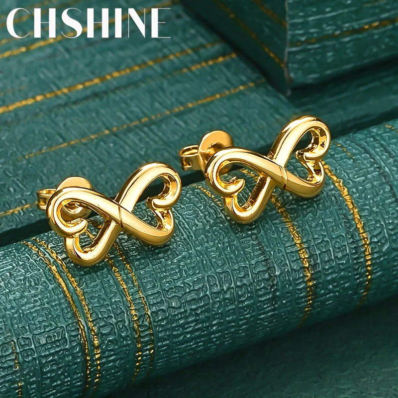 925 Sterling Silver 18K Gold Infinity Heart Stud Earrings for Women Fashion Wedding Party Jewelry