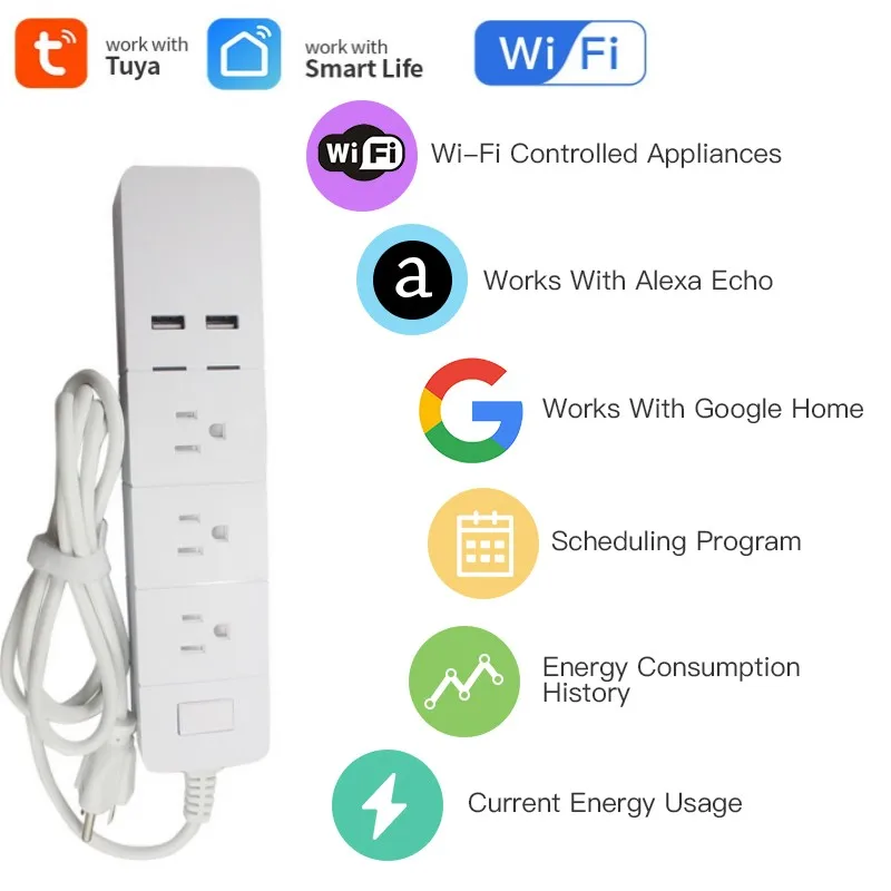 Tuya WiFi US Smart Power Strip 15A 100-240V Line Length 1.8M with USB Surge Prevention Power Strip Voice Control Alexa Google