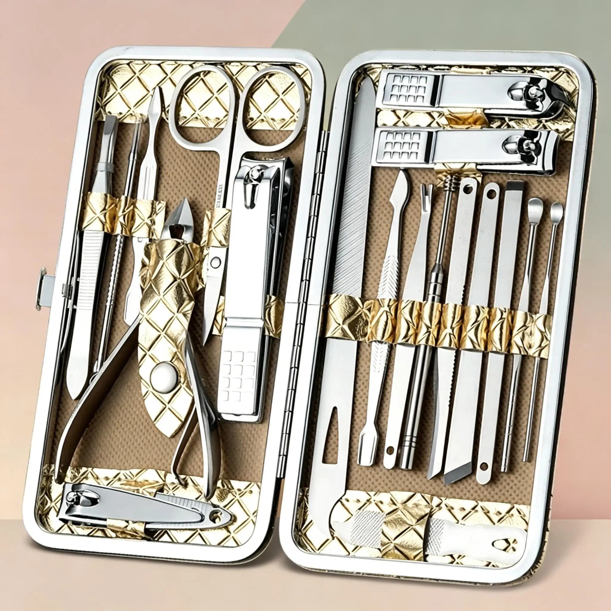 19pcs  Classic Box Nail & Pedicure Tools ，Portable Flat Set Nail Clipper Set High End Care Home Stainless Steel