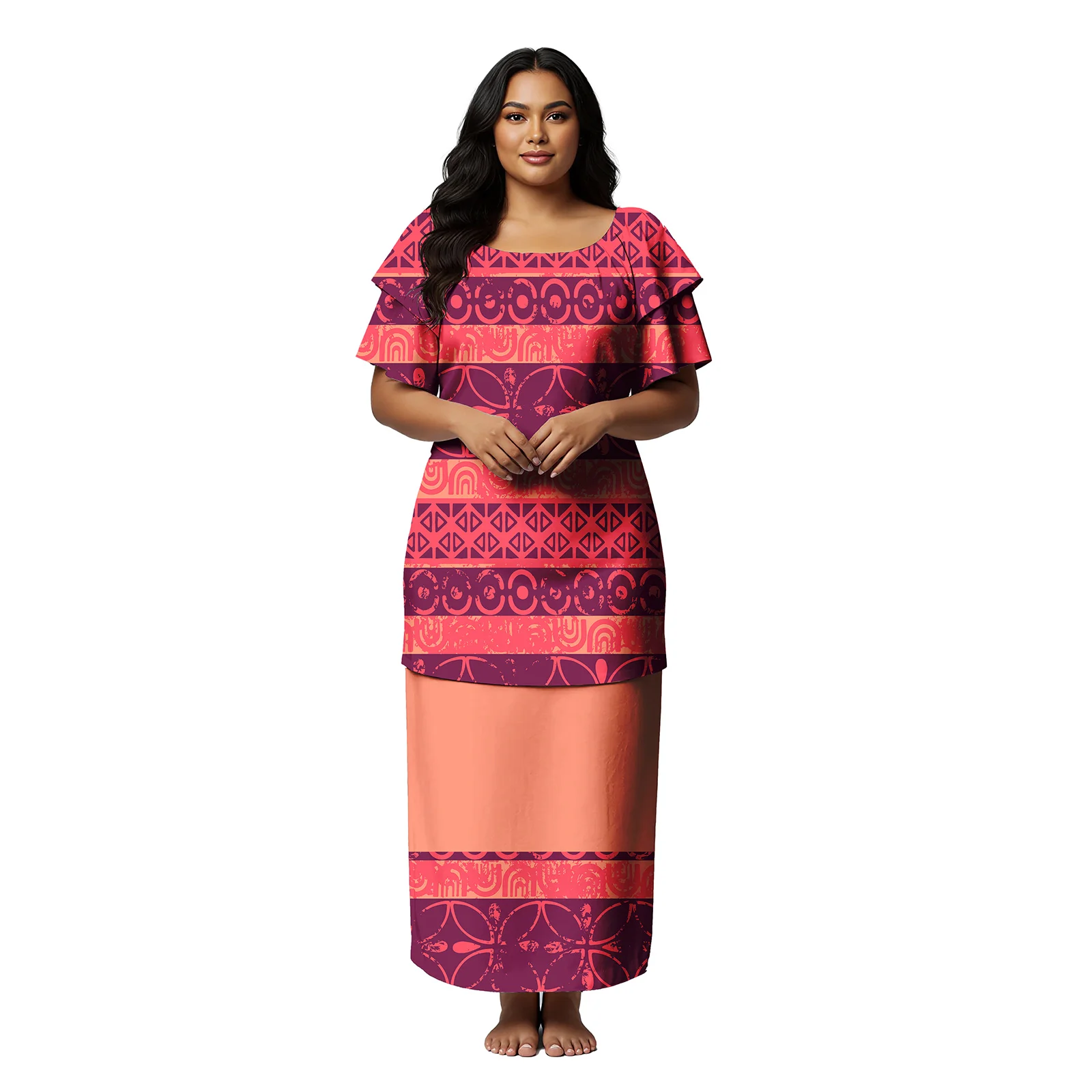 Vintage Design Custom Clothes Women Plus Size Samoan Dresses Polynesian Puletasi 2 Piece Set Hawaiian Casual Prom Skirts Ladies