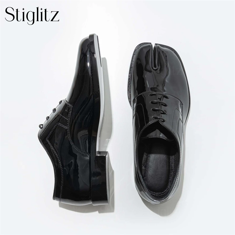 Black Patent Leather Tabi Oxfords Square Split Toe Novelty Leather Shoes Designer Lace-Up Leather Men Shoes Elegant Dress Shoes