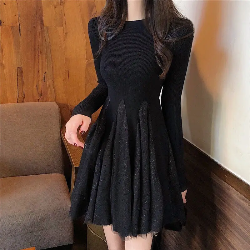 

Sweet Net Yarn Patchwork Mini Dress Spring Autumn New Long Sleeve Slim Solid Color A-line Skirt Fashion Trend Women Clothing