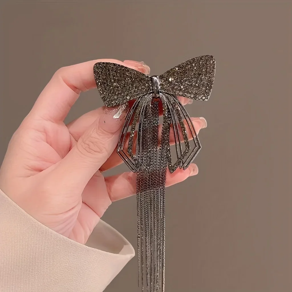1 piece girls super fairy beauty senior sense of diamond bow tassel hair clips female back of the head half tie hair spring clip