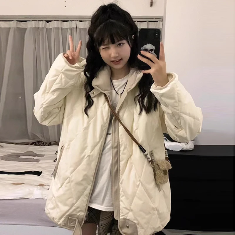 

Retro Korean Style Women's down Cotton Jacket Loose Fit Warm Stand Collar Slimming Outerwear Thickened Long Sleeve Zipper Clo...