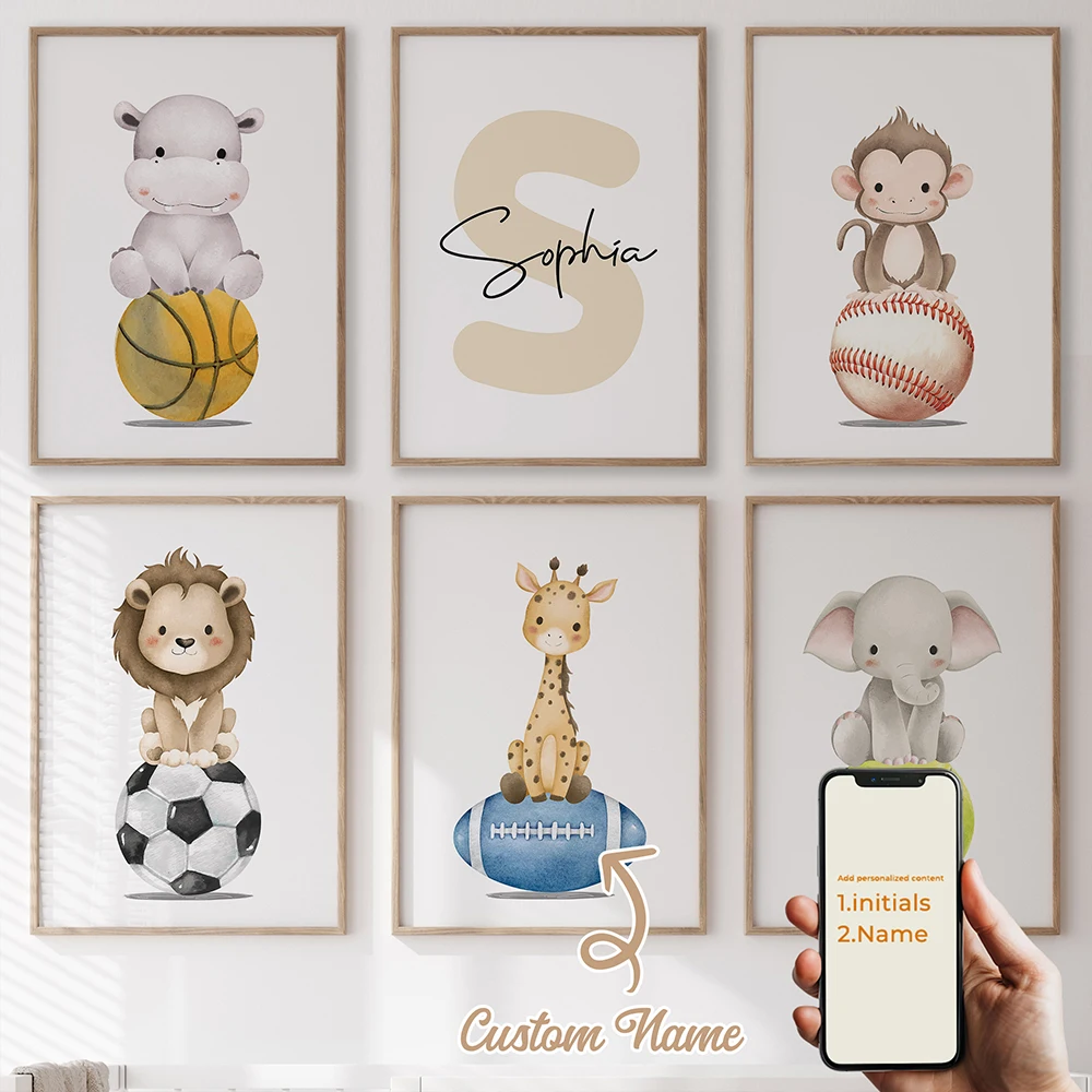 6 Stück personalisierte, individuelle Cartoon-Tier-Wandkunstdrucke, Leinwandposter, Gemälde für Wohnzimmer, Heimdekoration