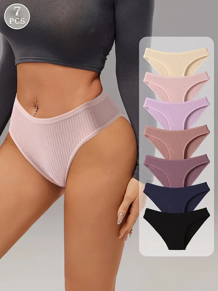 7Pcs Women Cotton Panties Striped Briefs Sexy Women's Underwear Low Waist Breathable Underpants Plus Size Solid Female Lingerie