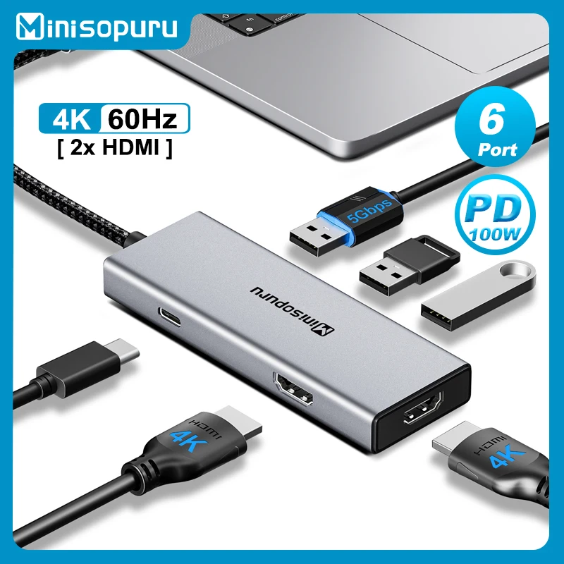 Minisopuru USB C Hub 4K USB type C to 2 HDMI Multiple USB ports PD 100W Charging Adapter for Dell XPS 13/15 Lenovo Yoga USB  HUB