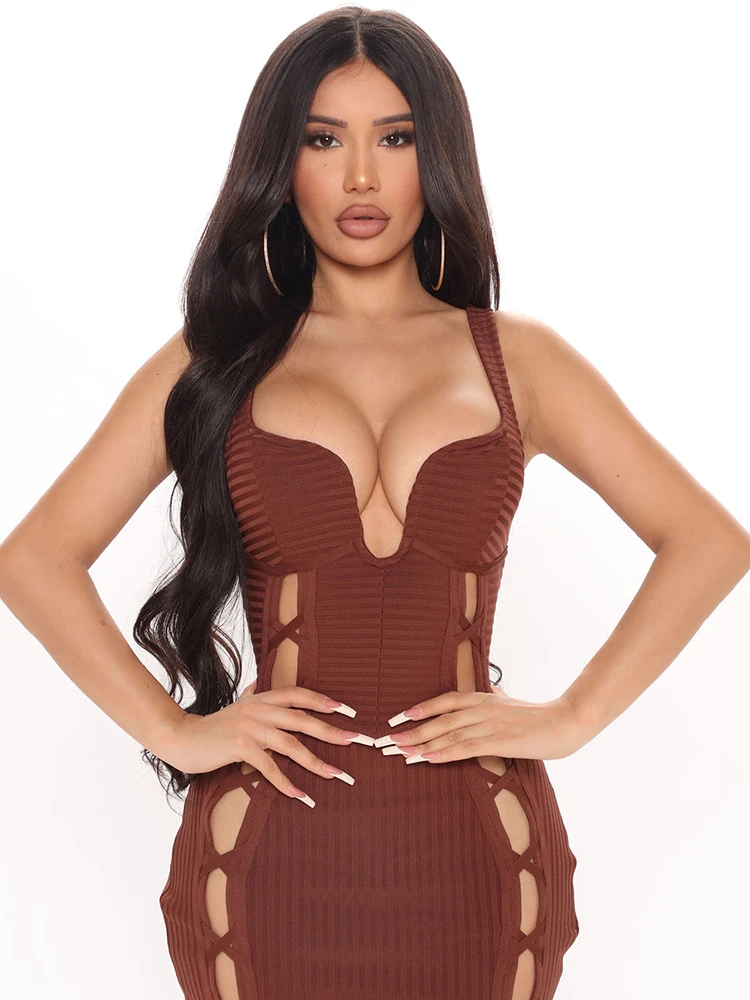 Sexy Hollow Out Blue Bandage Dress Women Summer 2024 Strap Low Bust Rib Midi Dresses Elegant Party Club Evening Vestidos BA326