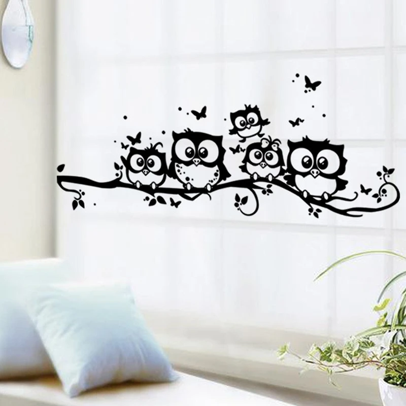 Cartoon Adorable Five Owls on the Branch Butterfly Flying Vinyl Wall Stickers for Living Room Kids Bedroom Funny Home Decoration