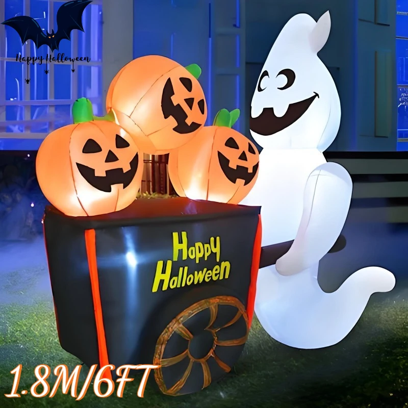 

6FT Halloween Inflatable Toy Ghost Push Pumpkin Cart with LED Lights Decoration Outdoor Holiday Party Halloween Inflatable Model