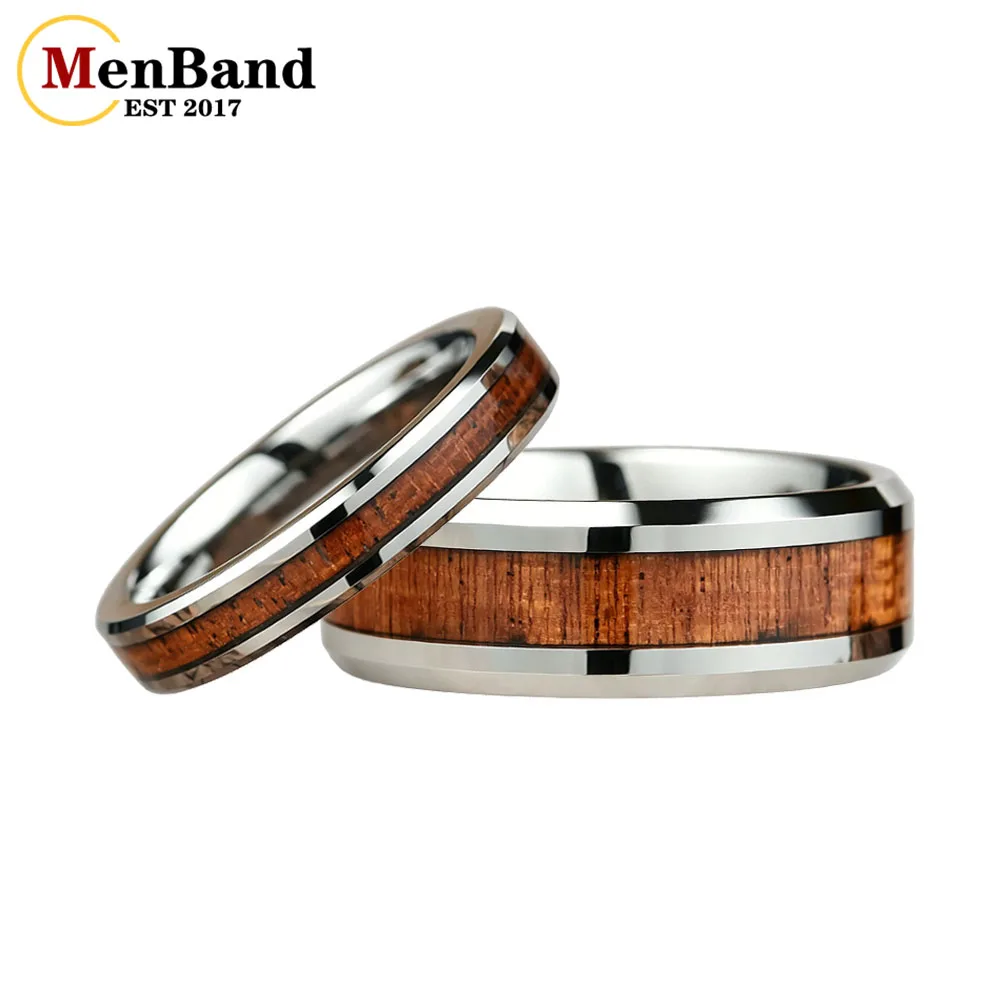 MenBand Silver 4mm 8mm Natural Koa Wood Inlay Beveled Edge Couple Rings，Unique Anniversary Promise Jewelry Gift Set