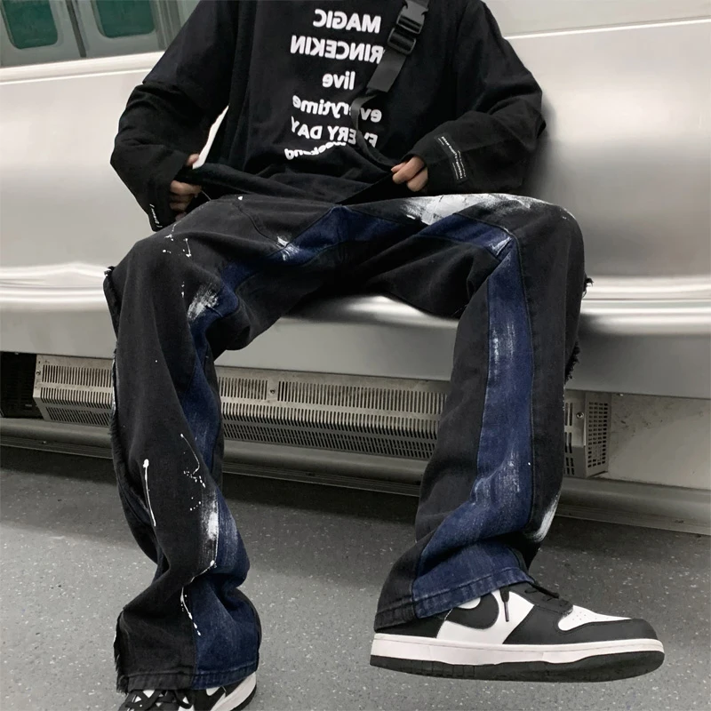 

Модные мужские джинсы прямого кроя в стиле хип-хоп, черные, винтажные, с эффектом брызг краски, повседневные, свободного кроя, длинные брюки для молодежи