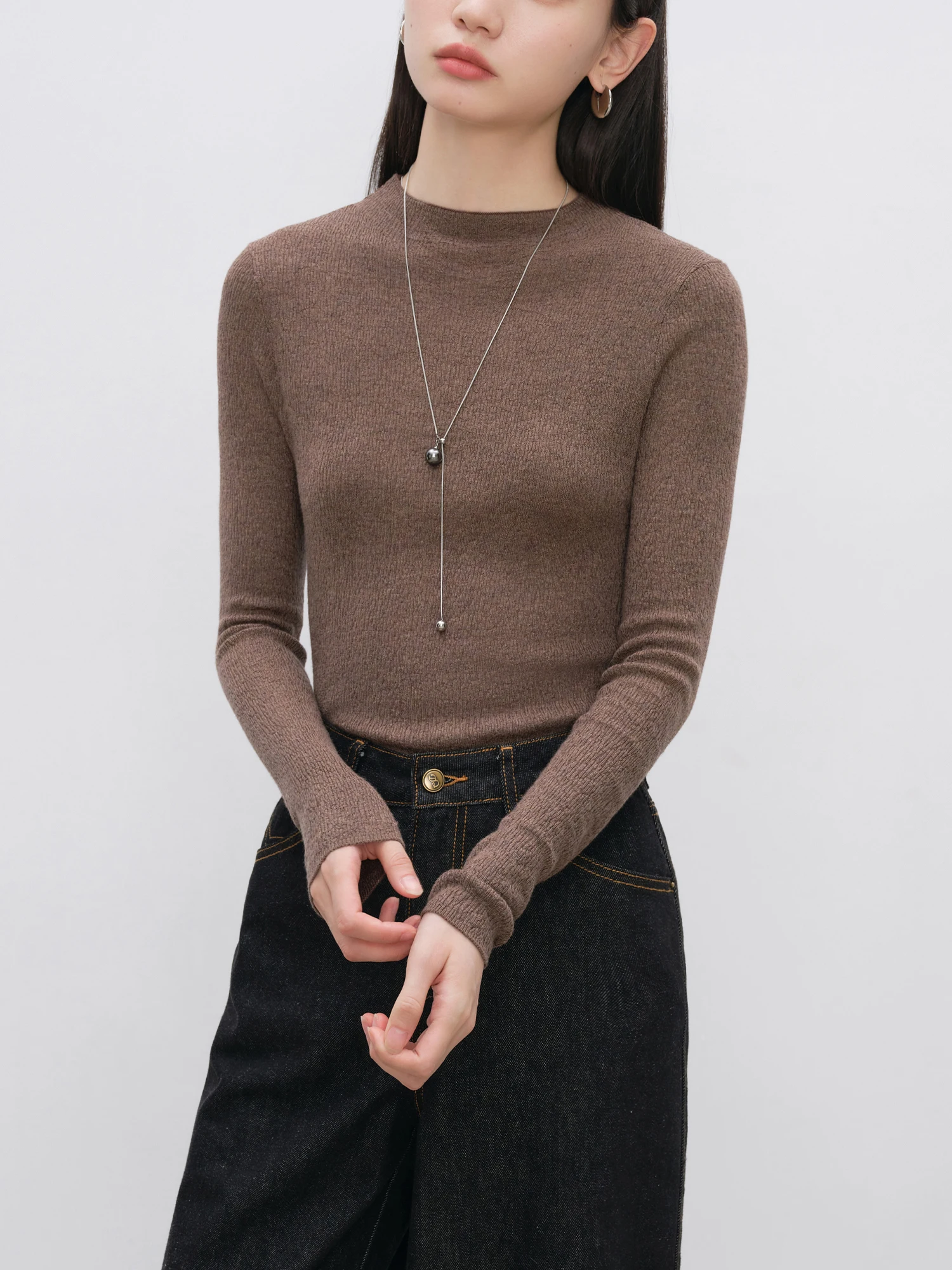 ZIQIAO Petite Size 7.4% Wool Half High Neck Knit Sweater For Women 2024 Autumn Winter New Design Pullover Thin Sweater 24ZQ94142